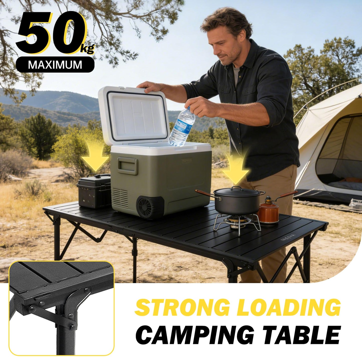 ARURU 50" Large Folding Camping Table with Adjustable Hight Legs for 2-6 People - Heavy Duty Foldable Camp Table with Roll-Up Aluminum Picnic Table, Portable Outdoor Table for Cooking,Beach,BBQ,Party