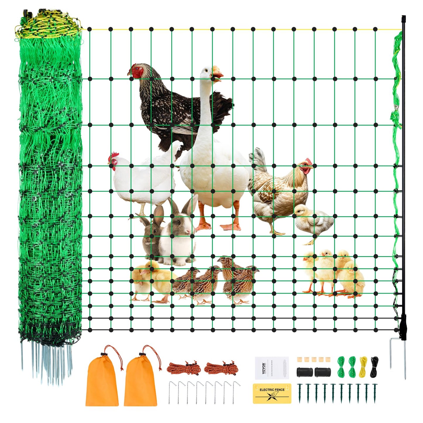 VEVOR Electric Fence Netting, 48" H x 100' L, PE Net Fencing Kit with Posts & Double-Spiked Stakes, Utility Portable Mesh for Chickens, Ducks, Geese, Rabbits, Used in Backyards, Farms, and Ranches