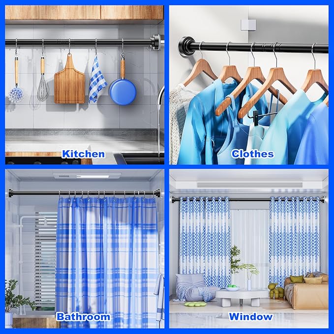 Ausemku Shower Curtain Rod - 32-43 Inch Rustproof Tension Rod, Non-Slip Spring Design, No Drilling Adjustable Curtain Rod for Bathroom, Kitchen, and Closet（Black）