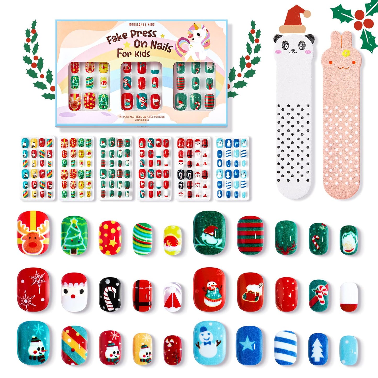 Modelones Christmas Press on Nails for Kids 144Pcs 6 Pack Children Girls Toys 8-10 Acrylic Fake Nails Pre-glue Full Cover Snowflake Red Xmas Short False Nail Art Kits Sets Gifts For Kids Girls