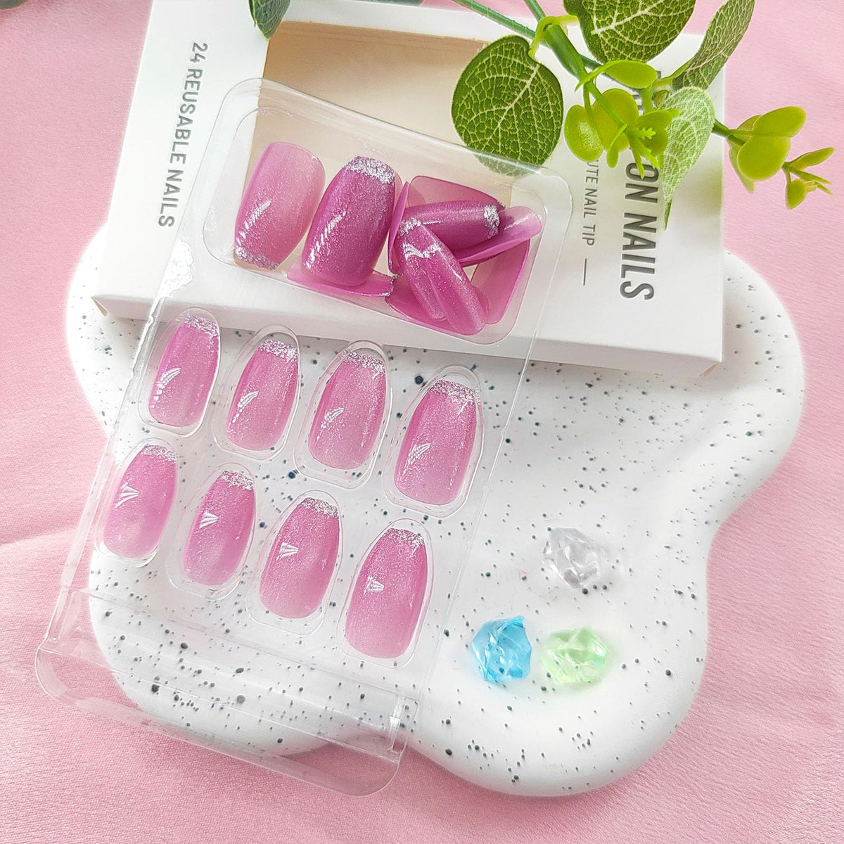 Pink Press on Nails Short Fake Nails with Glitter French Tip Designs Coffin Nails Press ons Cat Eye Glue on Nails Glossy Acrylic Nails Daily Wear Natural Stick on Nails for Women 24Pcs