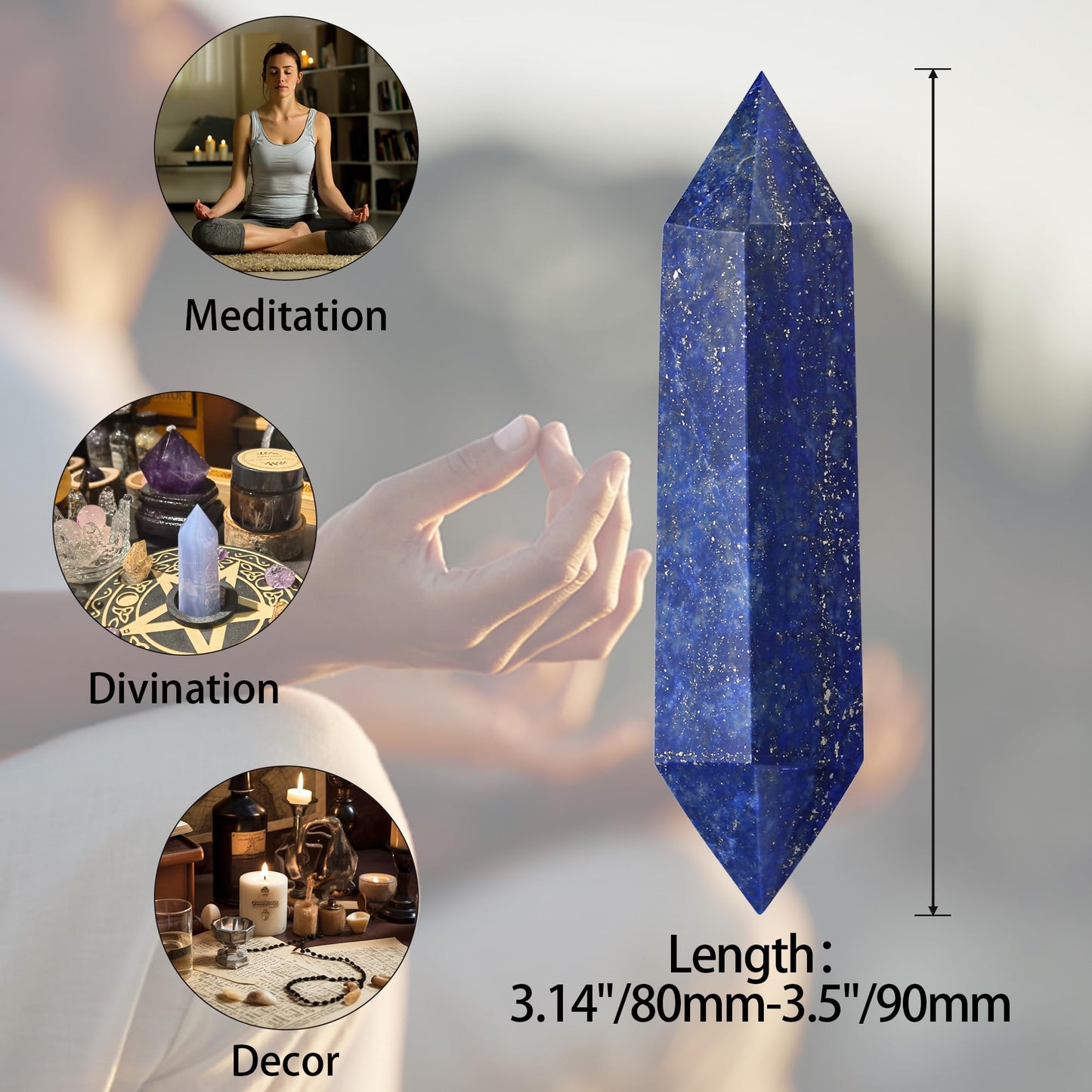 YATOJUZI 3.5" Lapis Lazuli Healing Crystals Wand Natural Crystals and Healing Stones Large Hexagonal Lapis Lazuli Crystal Points for Meditation Divination Reiki Energy Balancing 1PCS