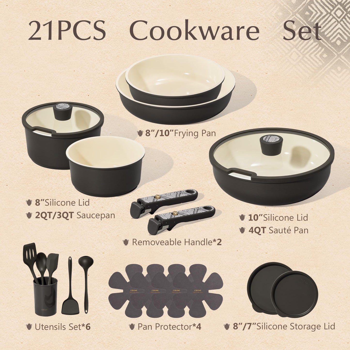 CAROTE 21-Piece Ceramic Cookware Set, Nonstick Pots and Pans Set with Detachable Handle, Non-Toxic Kitchen Cooking Set, Induction Compatible, Dishwasher & Oven Safe, Charcoal
