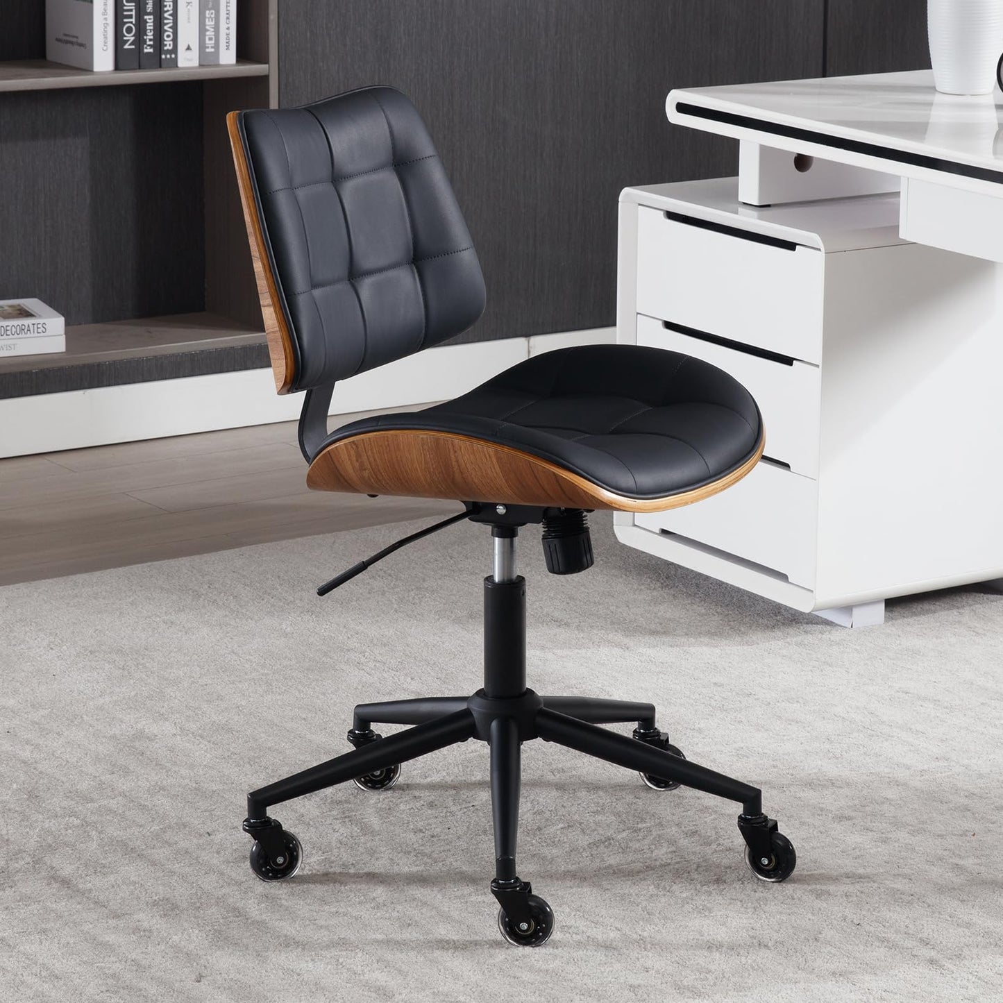 BERYTH Home Office Desk Chair with Wheels, Adjustable Height Armless Office Chair, PU Leather Mid Back 360° Small Computer Chair, Modern Walnut Chair No Arms for Office, Reading Meeting Room(Black)