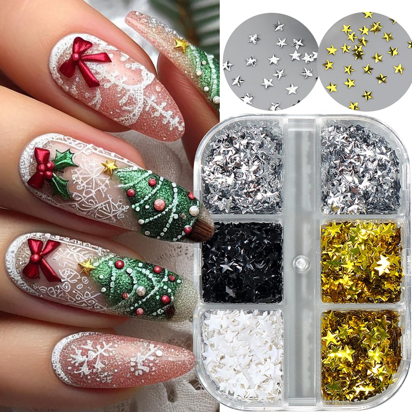 Christmas Nail Art Sequins 3D Stereo Stars Glitter Sequins Black White Gold Silver Star Nail Art Glitter Flakes Charistmas Day Nail Decorations Supplies Winter DIY Manicure Accessories for Women