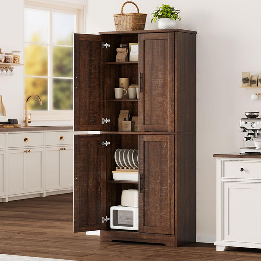 GarveeLife 70" Tall Kitchen Pantry,Farmhouse Storage Cabinet with Adjustable Shelves,Farmhouse Pantry Cabinet with 4 Barn Doors, for Kitchen,Dining Room,Living Room.(Rustic Brown)