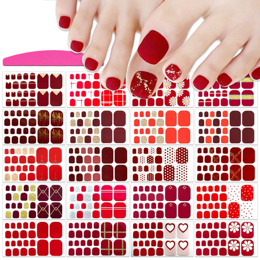 SILPECWEE 20 Sheets Red Toe Nail Stickers Full Nail Wraps for Women Toenail Polish Strips Self Adhesive Nail Polish Stickers for Toes Nail Art Gel Toenails Manicure Sticker with 1pc Nail File