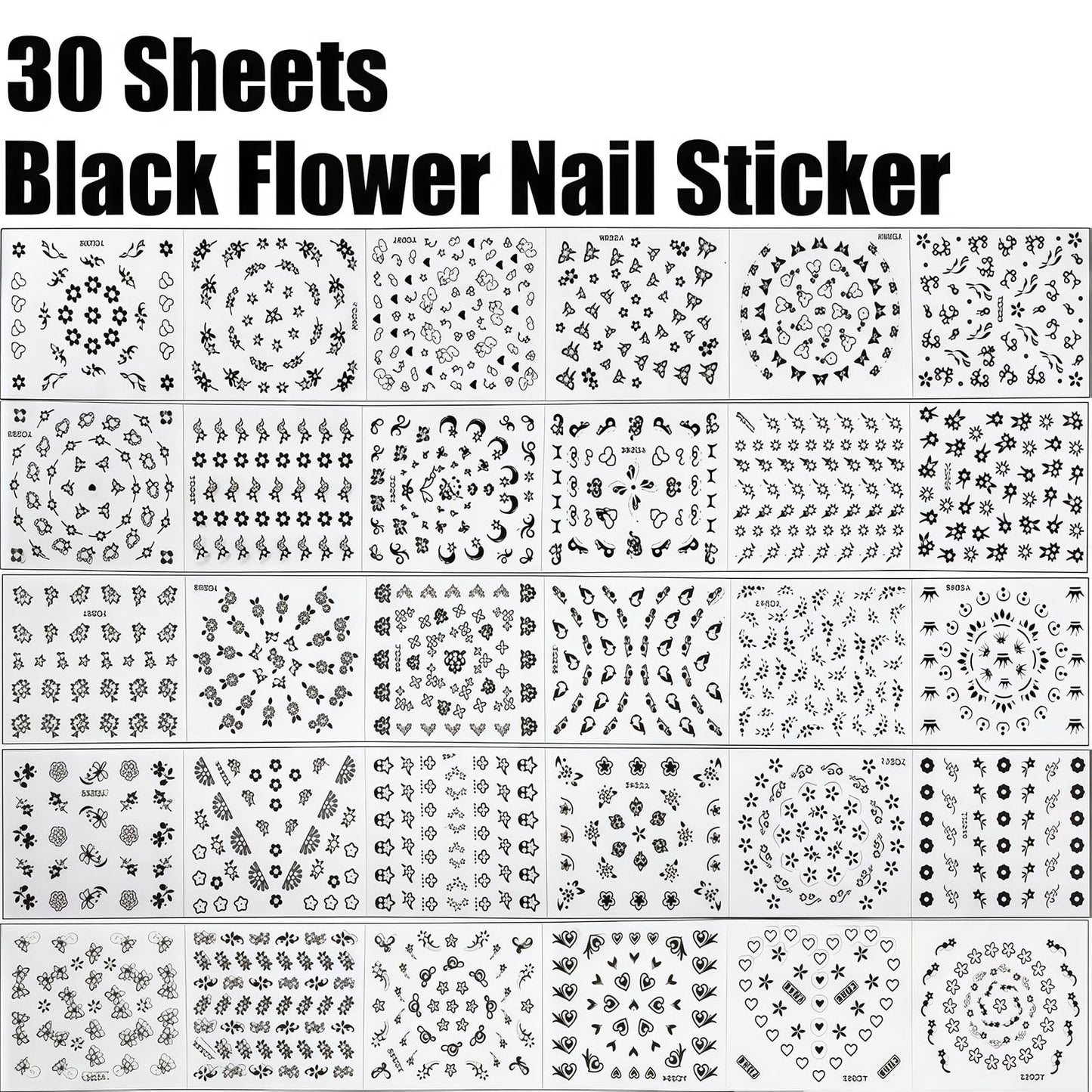 30 Sheets Black Flower Art Nail Stickers for Women Girls, 3D Rhinestones Self-Adhesive Decals Supplies, Floral Butterfly Heart Designs Accessories Decorations