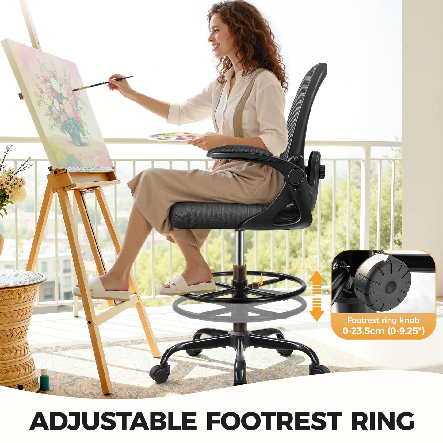 Primy Home Office Drafting Chair - Tall Desk Chair with Flip-up Armrests 3D Lumbar Support, Comfort Drafting Chair with Footrest for Standing Desk, High Chair for Bar Study Work