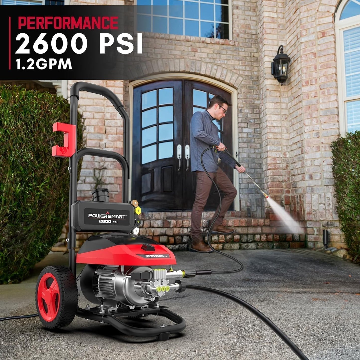 PowerSmart DB1002 2600 PSI Electric Pressure Washer with Induction Brushless Motor,3.0 GPM High Pressure Cleaner, 5 Nozzles, 8” Wheels, Detergent Tank, for Car, Patio, Fence, Driveway Cleaning