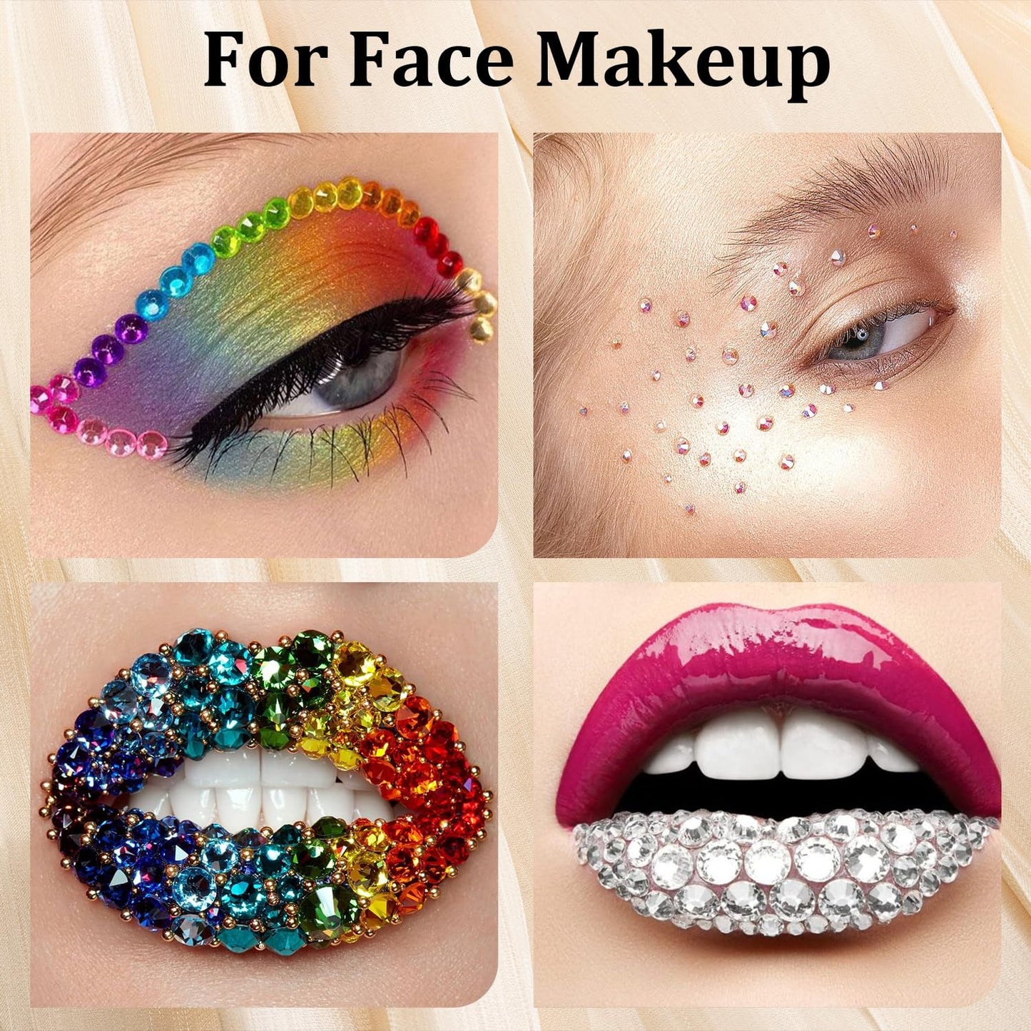 Colorful Face Gems for Makeup Set, Flatback Gorgeous Clear Glass Gem, Mixed-Colored Crystals with Makeup Glue+Picker Pencil+Tweezer+Dual-End Dotting Tool for Eye Body Hair Make-up and Nail Art Deco