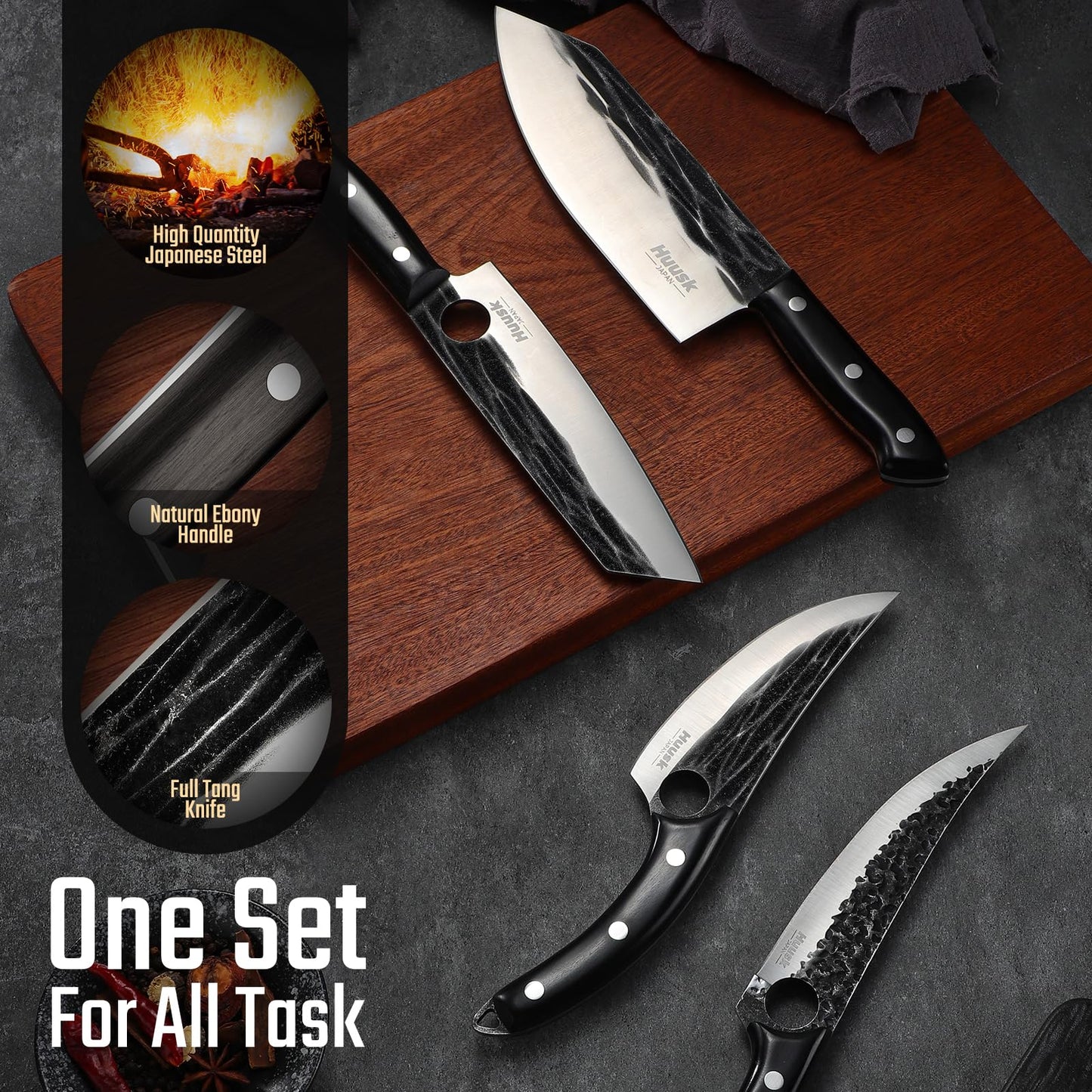 Huusk Knives Set, Serbian Chef Knife Set with Bag, Japanese Butcher Knife for Meat Cutting, 7.5 inch Meat Cleaver, Hand Forged High Carbon Steel Full Tang Knife Set with Ebony Handle Gift for Men