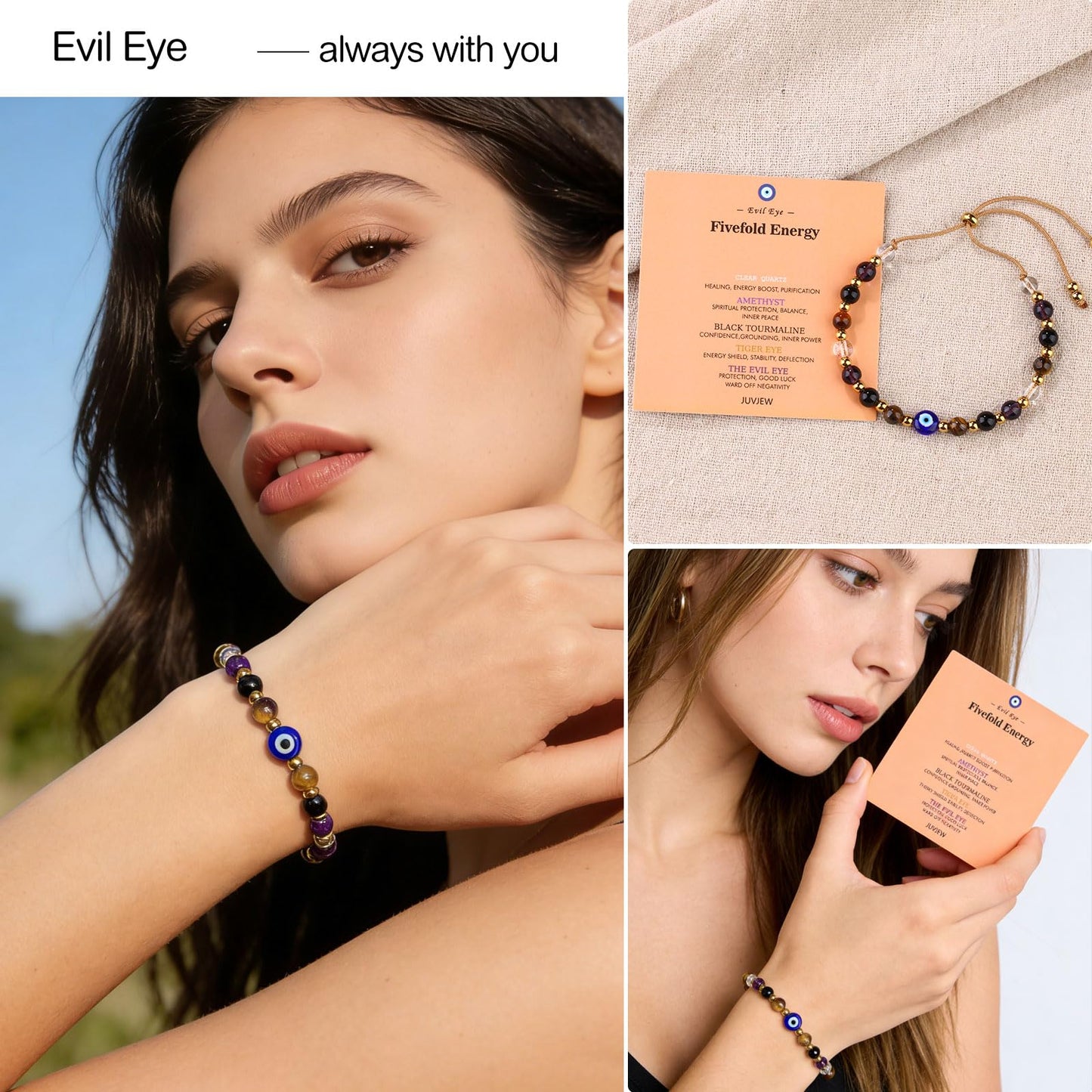 Cute Evil Eye Bracelet Red Black - Natural Crystal Protection Adjustable Spiritual Guardian Jewelry- 5 Healing Stones Clear Quartz Amethyst Black Tourmaline Tiger Eye Bracelet Adjustable (Blue Eye-Brown Rope)