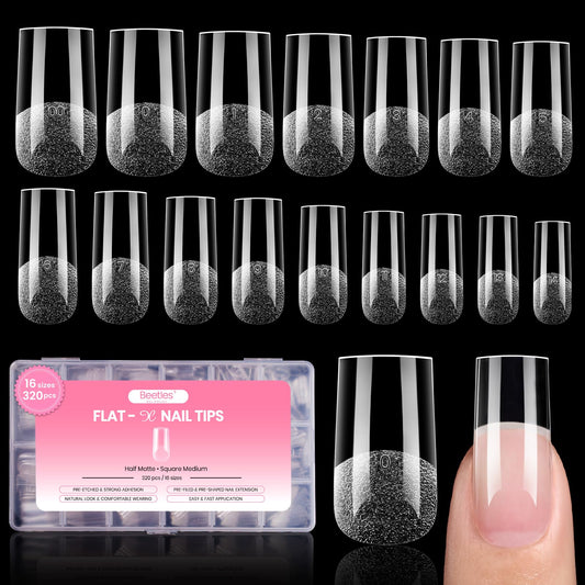 Beetles Gel Nail Tips Flat-X- Square Medium, 320pcs 16 Sizes(00-14), Pre-Etched Half Matte Full Cover Soft Gel Nail Tips, Clear Press on False Nail Extension Acrylic Fake Nails, Easy DIY Salon Art