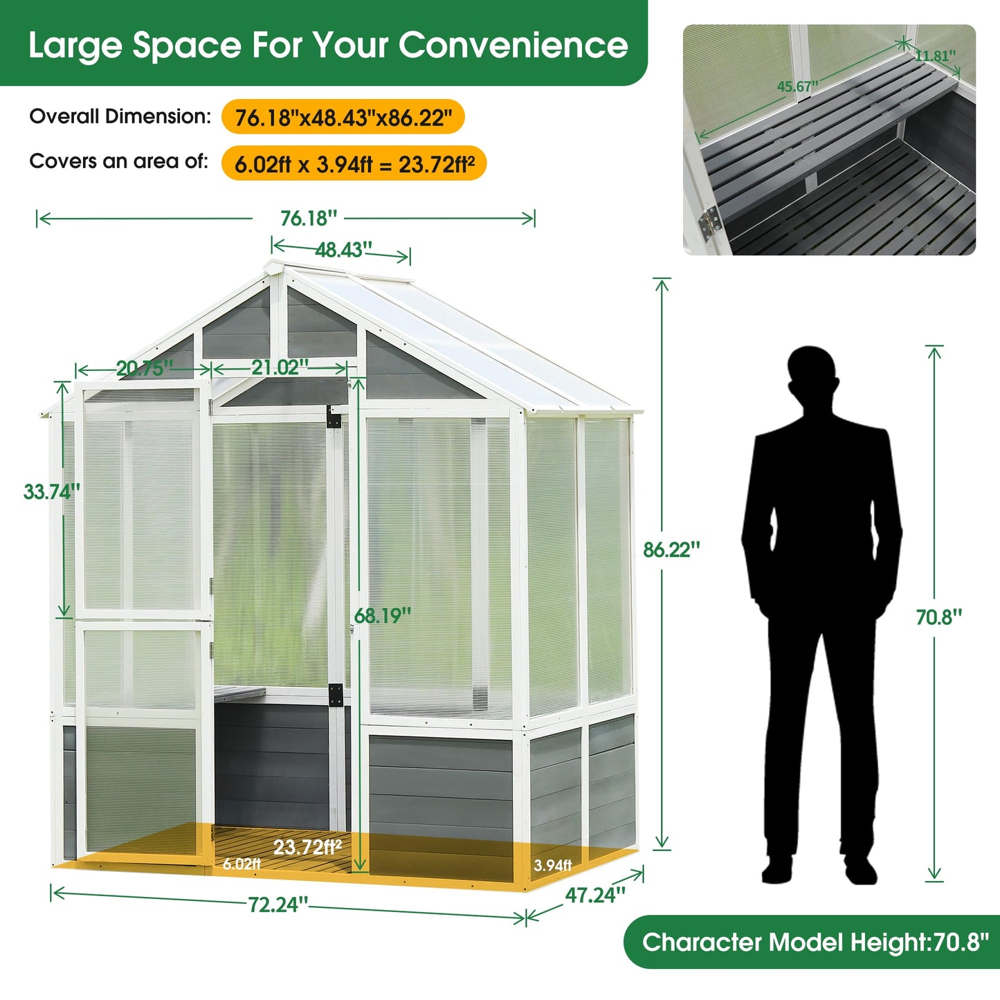 Lovtimber Polycarbonate Greenhouse, Outdoor Walk-in Hobby Green House for Patio Backyard Lawn, Wooden Greenhouse Garden Shed for Plants, Grow House with Front Entry Door (76x48x86 in)