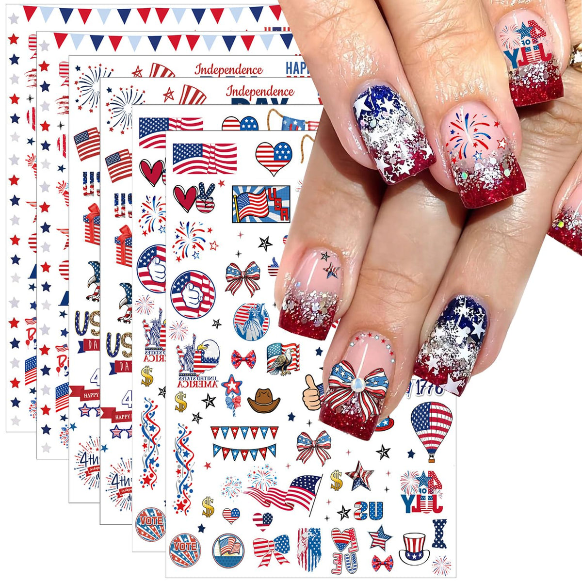 6pcs 4th of July Nail Stickers 3D Nail Decals Independence Day Nail Art Sticker for USA Flags Heart Star Stripe Letters Fireworks Nails Design Adhesive Sticker Patriotic Manicure Decorations for Women