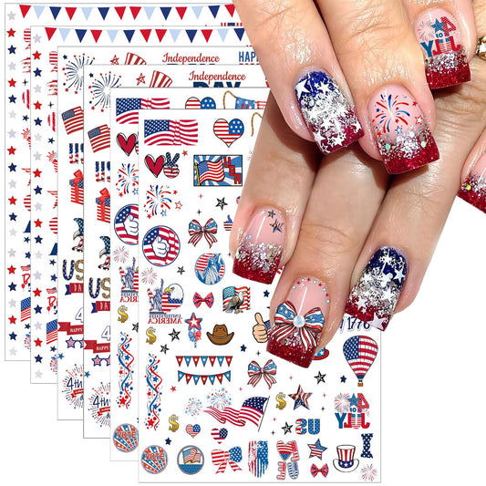 6pcs 4th of July Nail Stickers 3D Nail Decals Independence Day Nail Art Sticker for USA Flags Heart Star Stripe Letters Fireworks Nails Design Adhesive Sticker Patriotic Manicure Decorations for Women
