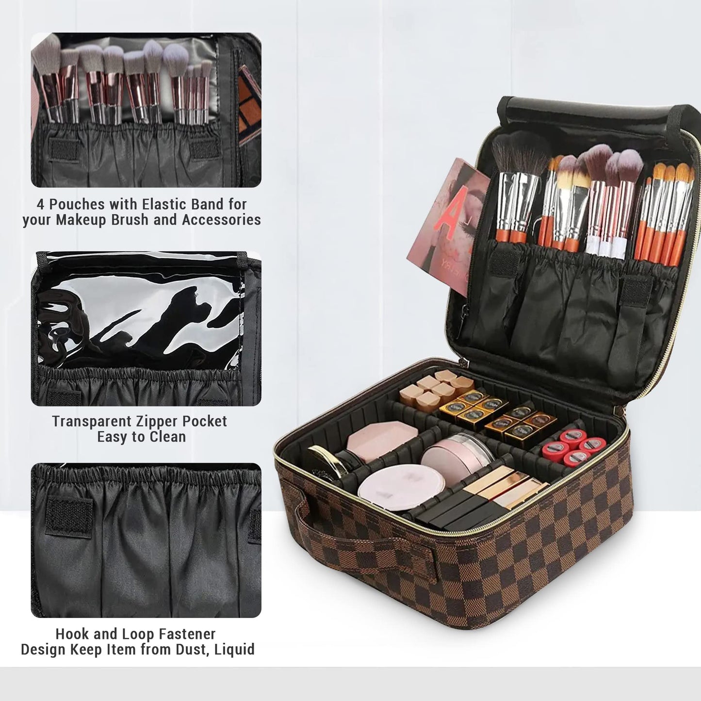 WIRIBEY Checkered Makeup Bag, Portable Makeup Bag with Adjustable Partition, Cosmetic Bags for Women Toiletry Travel Organizer Portable Make Up Bags for Christmas Birthday Gifts