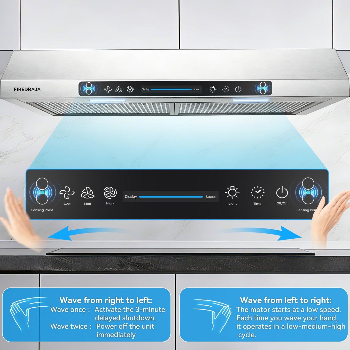 30 Inch Under Cabinet Range Hood |550 CFM Kitchen Vent Hood with Touch & Gesture Control | 3-Speed Quiet Operation | Stainless Steel with LED Lights, Ducted/Ductless convertible