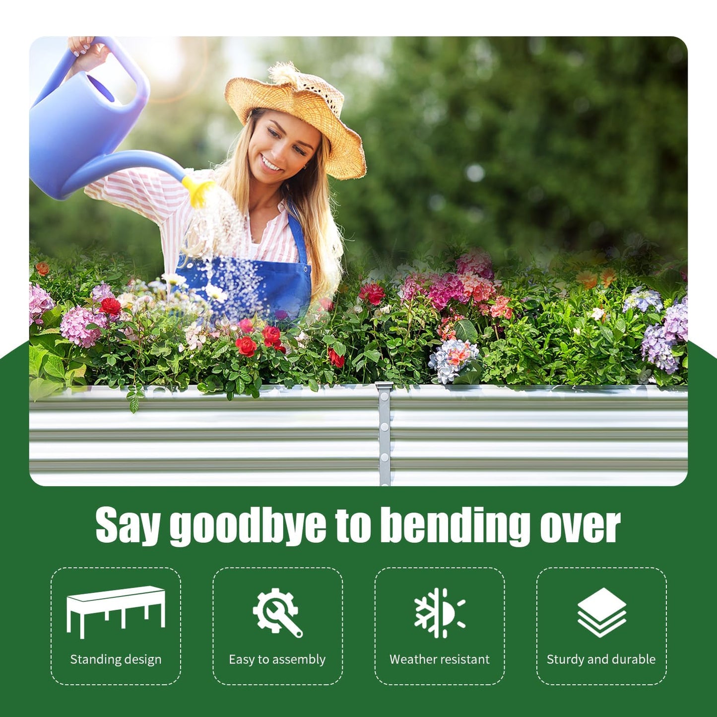 Land Guard Galvanized Raised Garden Bed with Legs, 96×24×32in Raised Garden Beds Outdoor with Drainage Holes, Planter Boxes Outdoor for Backyard, Patio, Balcony, 1200lb Capacity, Silver