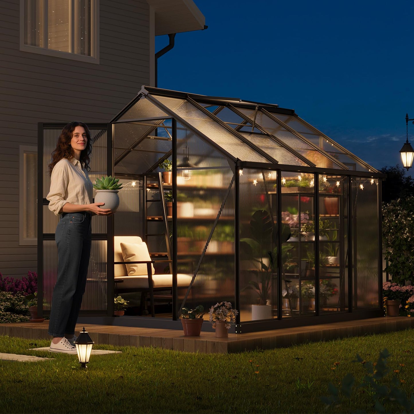 Greenhouse, 8×6FT Greenhouses for Outside, Polycarbonate Greenhouse with Aluminum Frame, Lockable Door and Ajustable Roof Vent for Backyard, Green Houses for Outside Garden Backyard, Patio