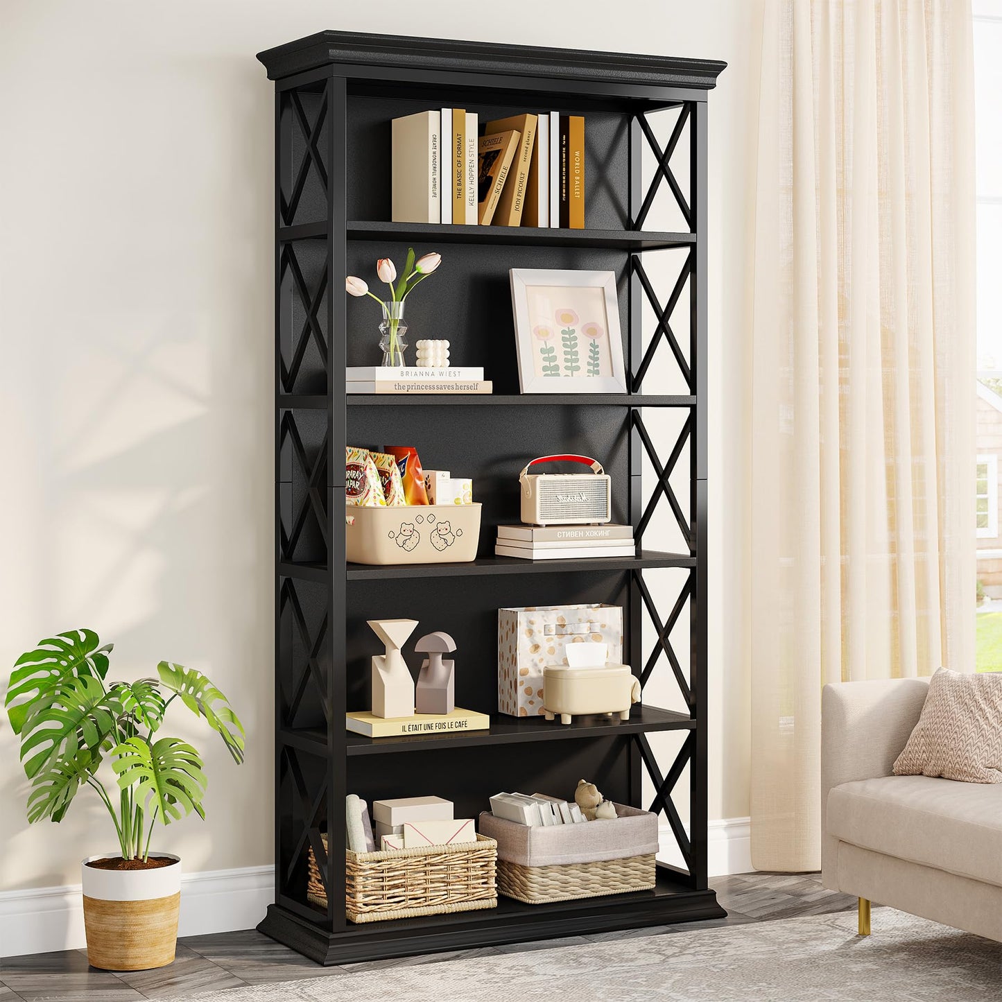 Tribesigns 6-Tier Bookcase, 71 Inches Industrial Bookshelves and Bookcases, Floor Standing 5 Shelf Display Storage Shelves Tall Bookcase for Home Office, Living Room, Bed Room, All Black
