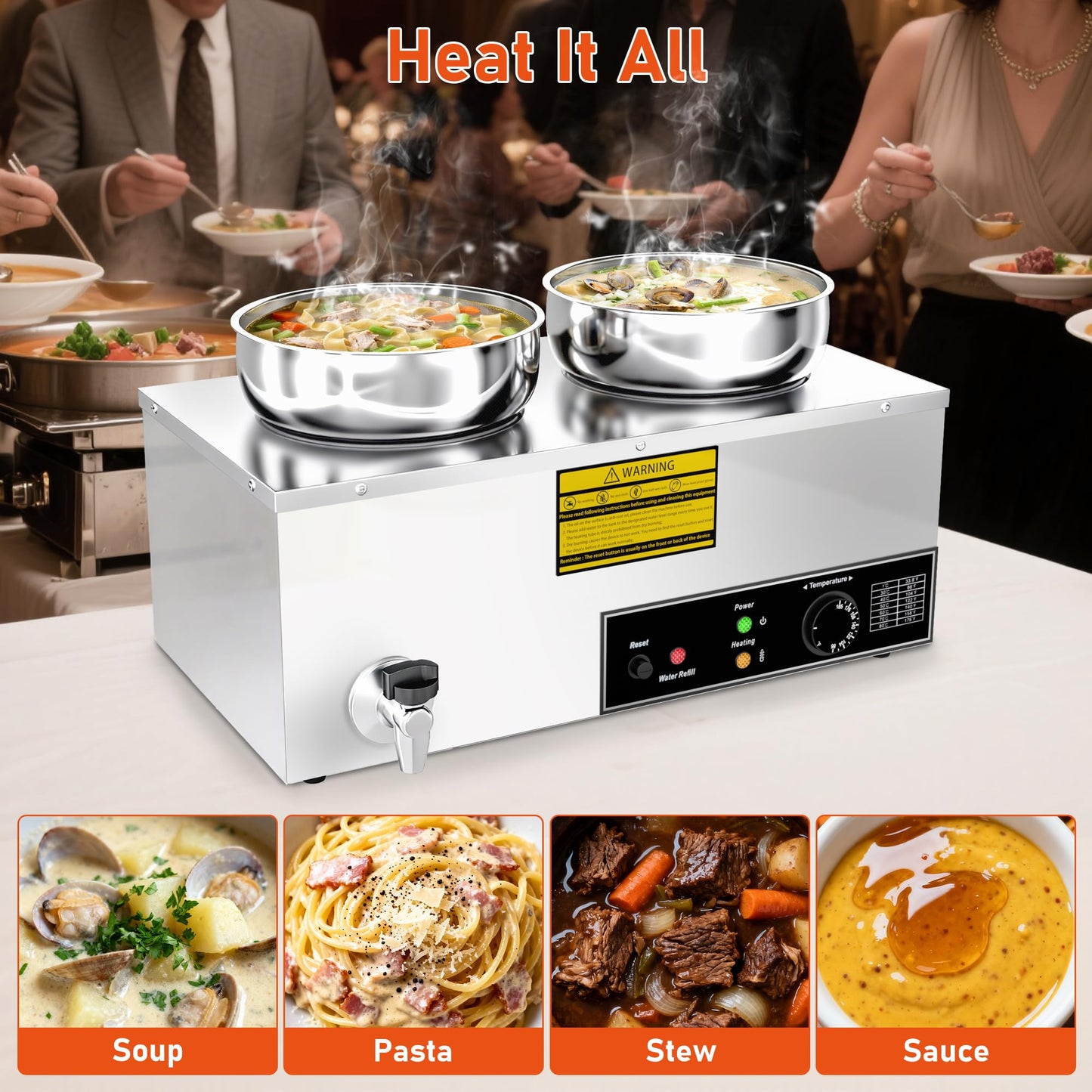 ZMRTDWO Soup Warmer, 2X7.4QT Stainless Steel Round Pot Food Warmer, 86°F~185°F Adjustable, 1200W Commercial Bain Marie with Drain Faucet, Buffet Warmer Steam Table for Restaurant Catering Parties