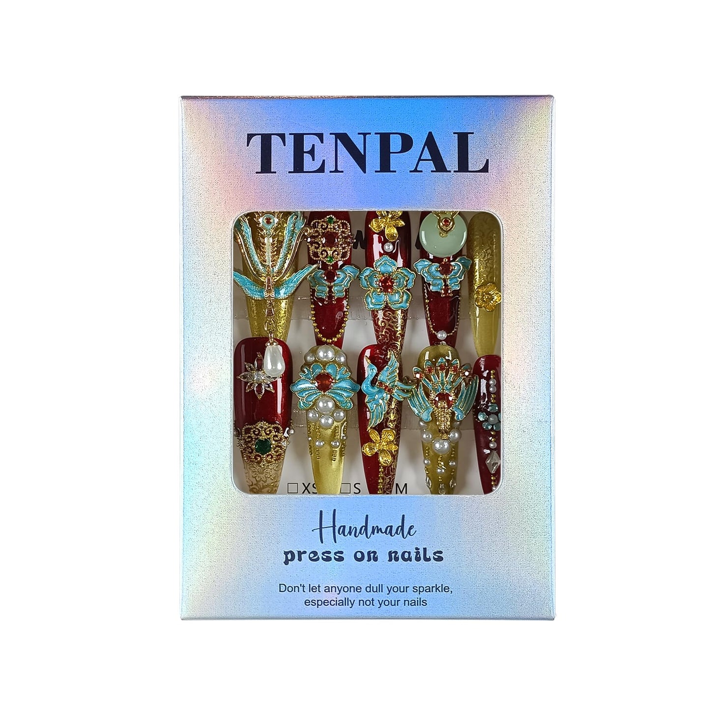 TENPAL 10Pcs Heirloom Chinese Bridal Press On Nails With Tools,Red Gold Phoenix Dragon Designs Fake Nails Long Stiletto,Full Crystals Heavy Relief Luxury Wedding Set Glue on Nails for Cheongsam(XS)