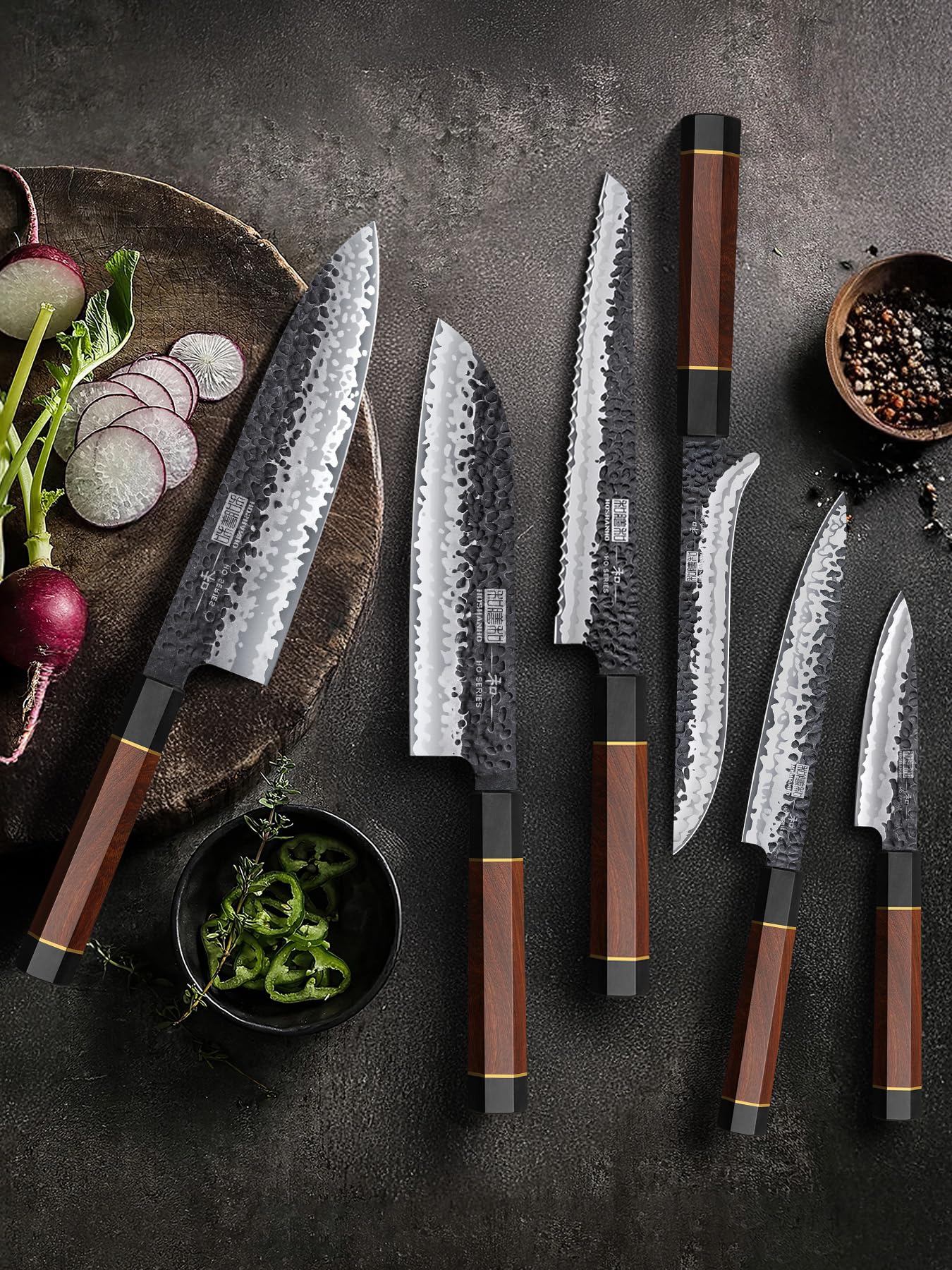 HOSHANHO 8 Pieces Knife Set, Japanese High Carbon Steel Kitchen Knives Set with Block, Hand Forged Ultra Sharp Chef Knife Set with Ergonomic Rosewood Handle
