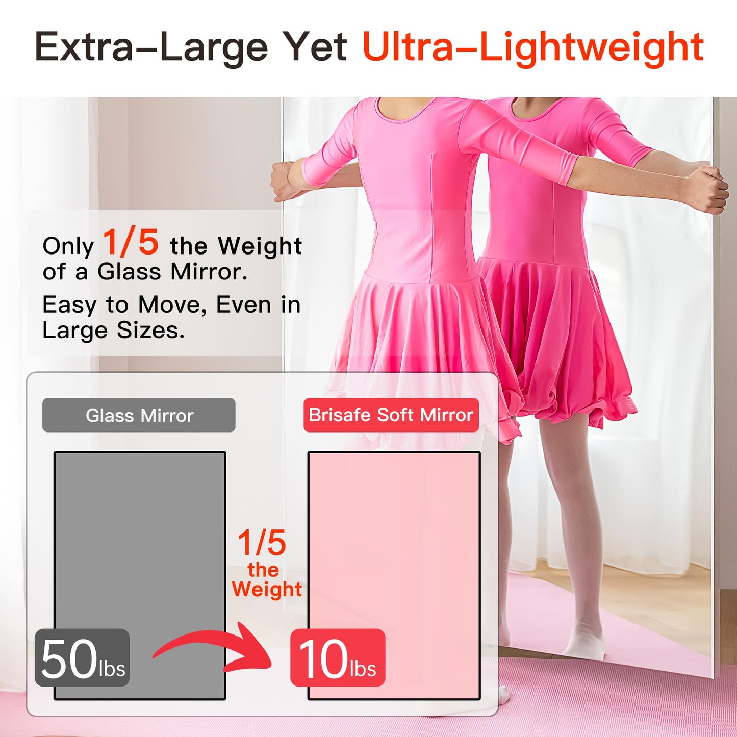 brisafe NanoMirror Non-Glass Ultra-Light 9.5 lbs Home Gym on Wheels, 67" x 40" Extra Large Full Body Mirror, Unbreakable & Shatterproof, 360° Swivel for Yoga, Dance, Fitness Studio & Home, White