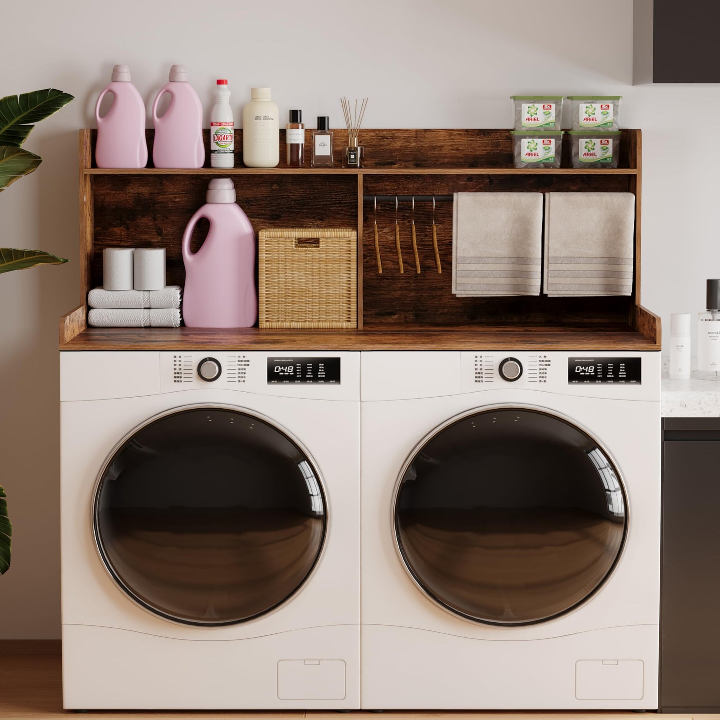 Unionly 2-Tier Washer Dryer Countertop with Clothes Rail，Laundry Topper with Edge and Non-Slip Pad for Washer and Dryer Laundry Hamper Counter Storage Organization (Rustic Brown, Full)