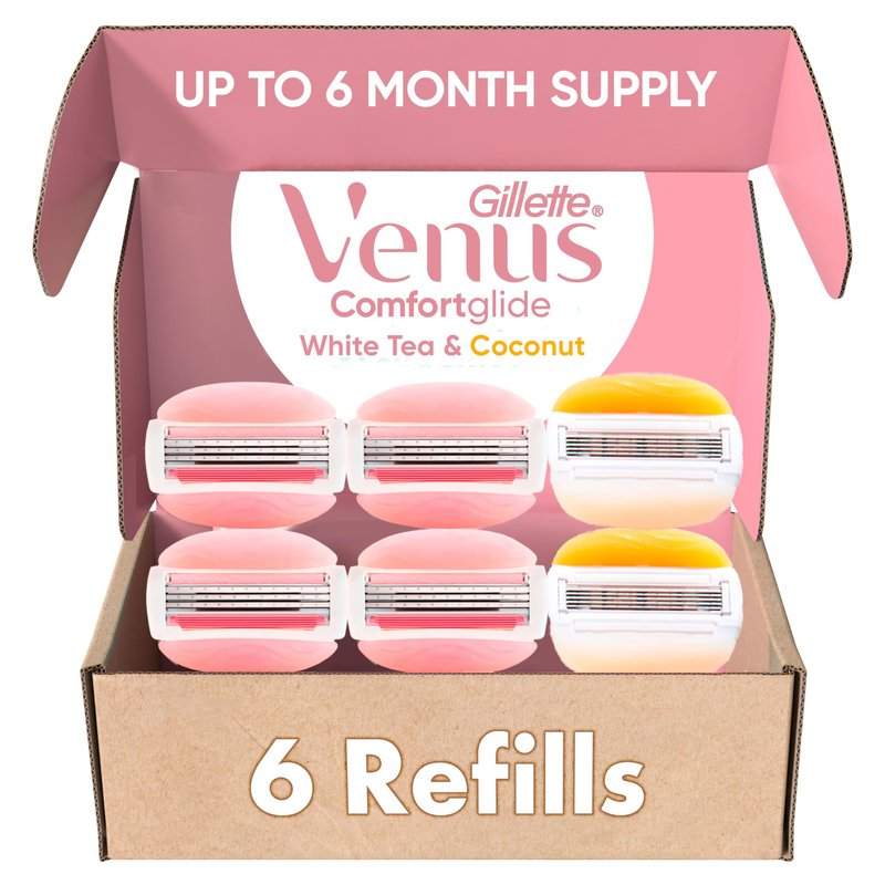Gillette Venus ComfortGlide White Tea 4 count, with Gillette Venus ComfortGlide plus Olay 2 count, Women's Razor Blade Refills