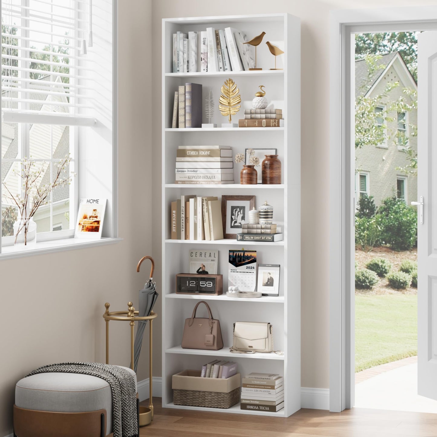 FACBOTALL 82" Tall Bookshelf, 7-Tier Open Shelves Bookcase, Freestanding Display Storage Shelves, Tall Bookcase Home Decor Furniture for Home Office, Living Room, Bedroom, White