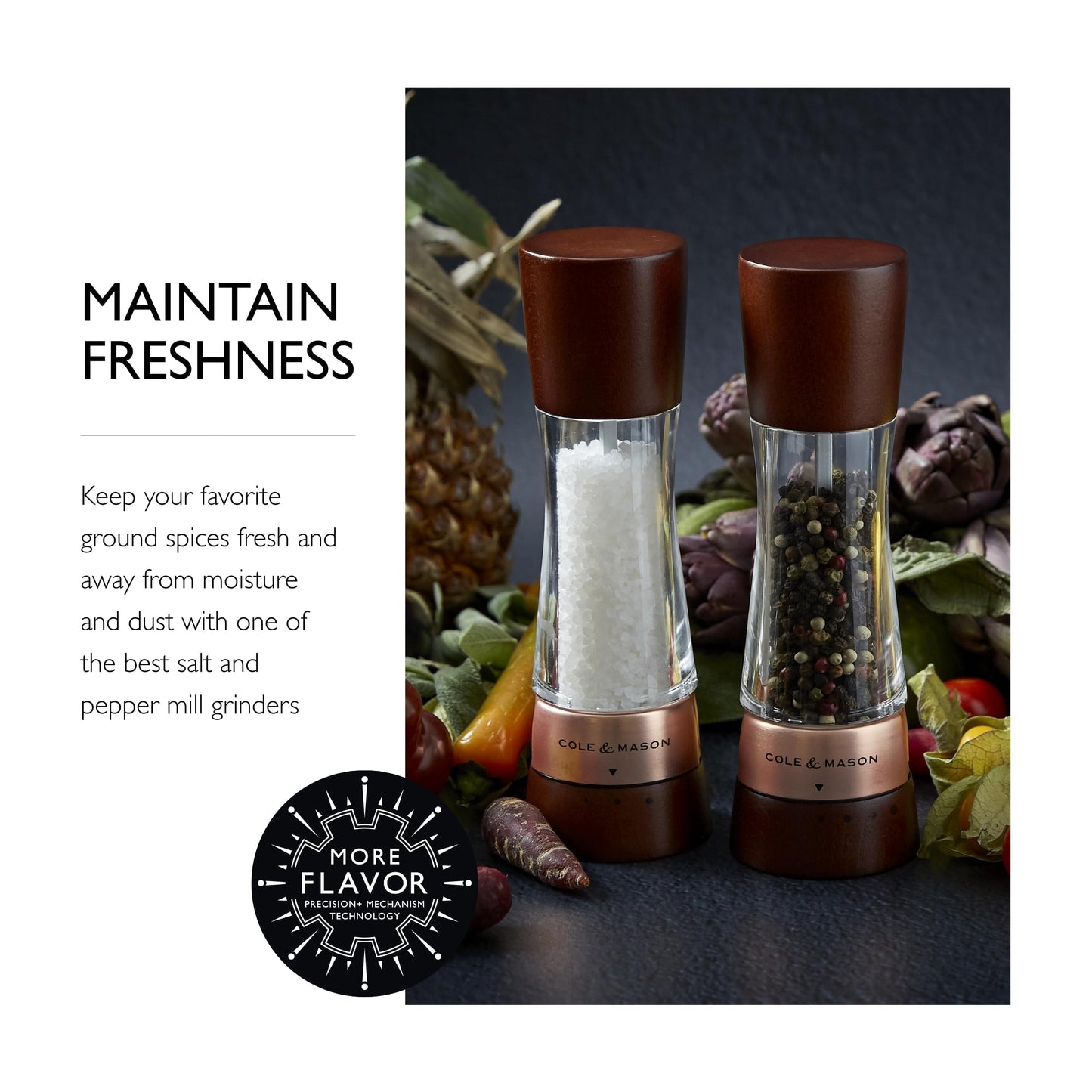 Cole & Mason Derwent Salt & Pepper Mill Gift Set - Salt & Pepper Shaker & Grinder with Adjustable Coarseness - Gourmet Precision Mill Set - Stainless Steel & Acrylic Grinders - Rose Gold