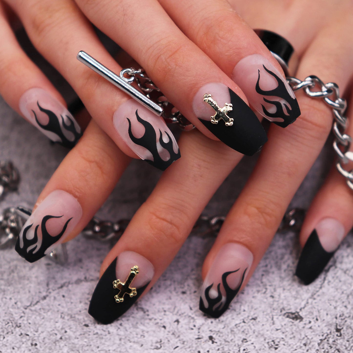 MISUD Press on Nails - Medium Coffin Glue on Nails with Goth Black Flame, Acrylic Gothic Cross Design 24 pcs