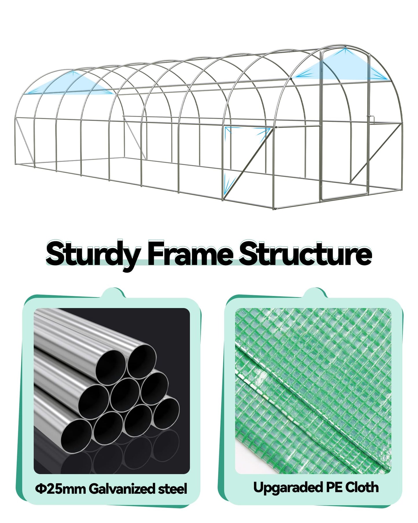Large 27x10x7 ft Outdoor Walk-in Greenhouse with 16 Mesh Windows & Swing Door, 325x120 in Heavy-Duty Galvanized Steel Frame and Thick PE Cover for Full Protection, Green Garden Plant House for Backy