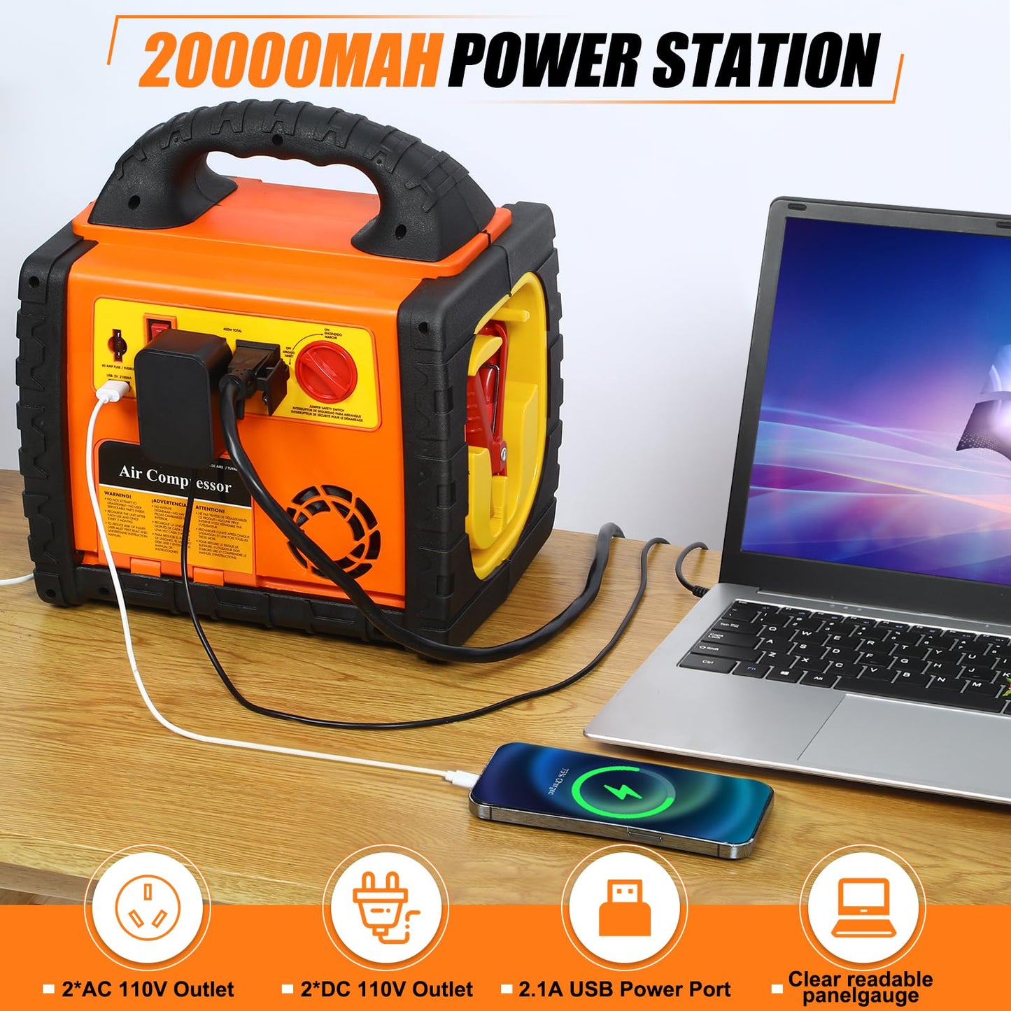 6 in 1 Jump Starter with Air Compressor 150 PSI Tire Inflator,Upgraded 1800A Peak 12V Portable Car Battery Jump Starter,400 Watt Inverter Power Station with AC/DC/USB Outlets (8.0L Gas/6L Diesel)