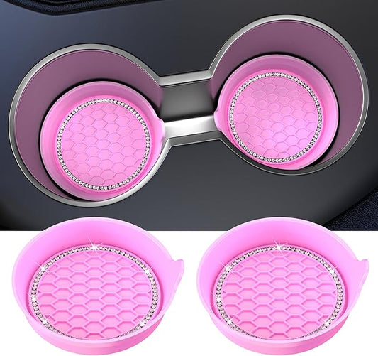 Amooca Car Cup Coaster Universal Non-Slip Cup Holders Bling Crystal Rhinestone Car Interior Accessories 2 Pack Pink