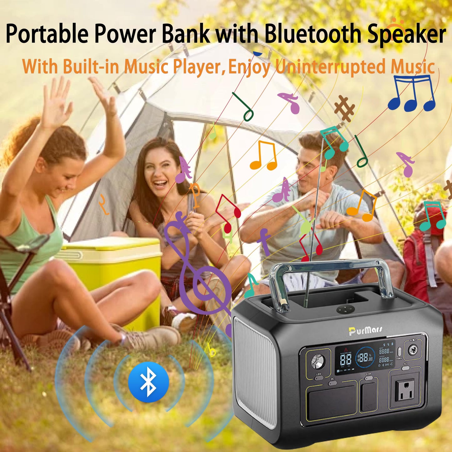 PurMars 300W Portable Power Station (Peak 500W) with Bluetooth Speaker & FM Radio,288Wh Solar Generator,110V AC Outlet,LiFePO4 Power Bank-Portable Power Station for Camping,Solar Power Bank for Home