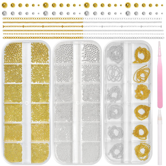 3 Boxes Caviar Metal Nail Beads, Gold Silver Nail Chains, Mix Sizes 0.6-2mm Round Gold Silver Caviar Beads for Acrylic Nails Art DIY Crafts Embellishment Making