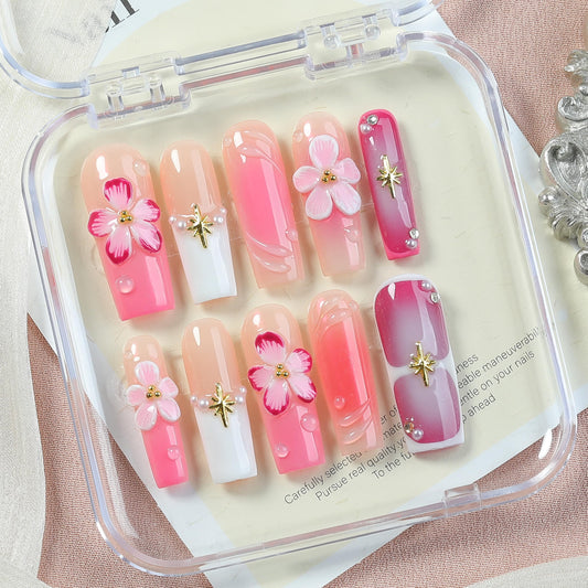 Pink Jelly Handmade Press On Nails 10pcs, Acrylic Square Tips with 3D Floral Art, Sweet Ombre Glossy Design with Pearl, Reusable Full Cover Nails for Romantic Date Night, Parties & Spring Looks
