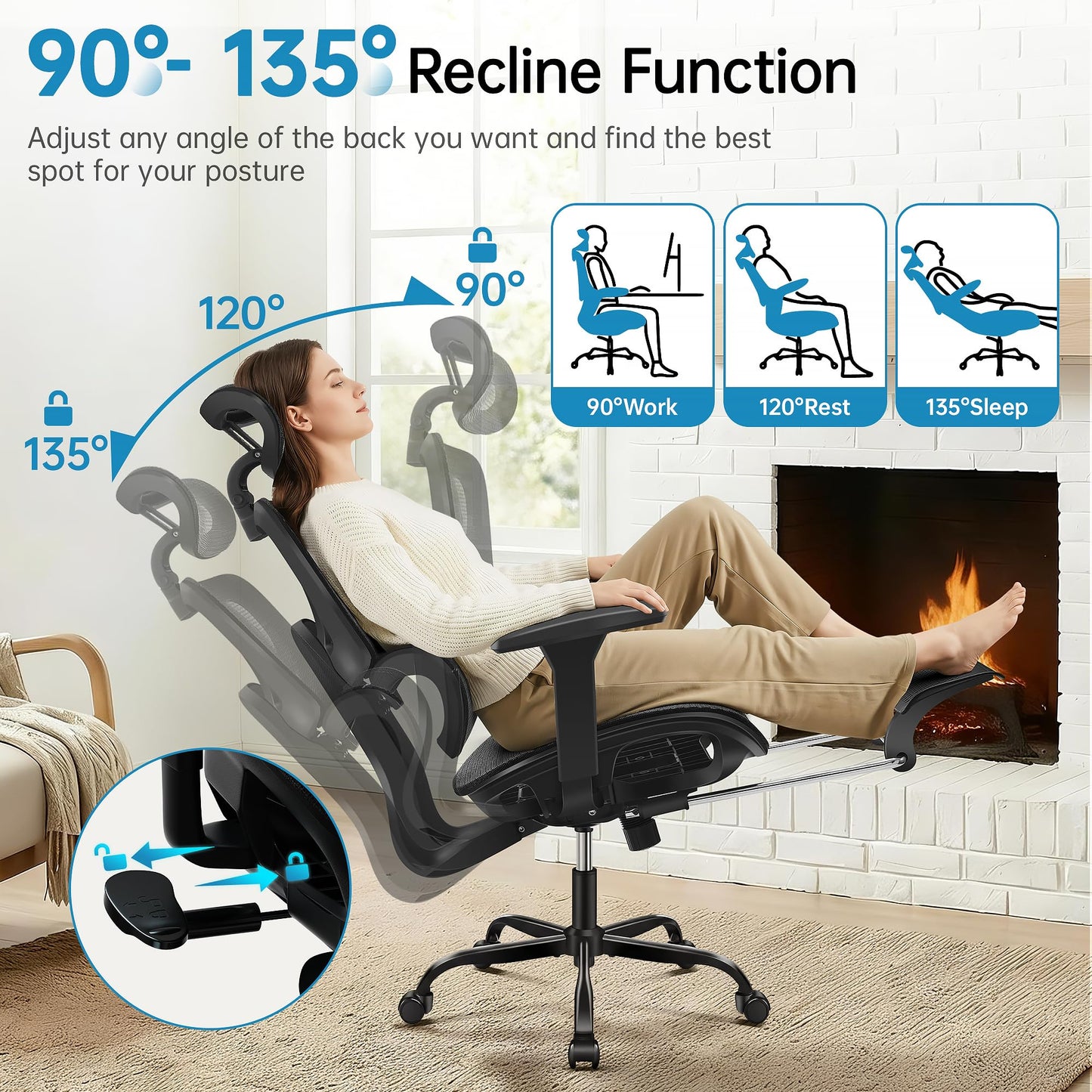 AreShark Office Chair Ergonomic Desk Chair,High Back Computer Chair with 3D Headrest & Armrests,Gaming Chair with Lumbar Support,90-135°Tilt Lock Mesh Office Chair with Footrest,Wheels,Black