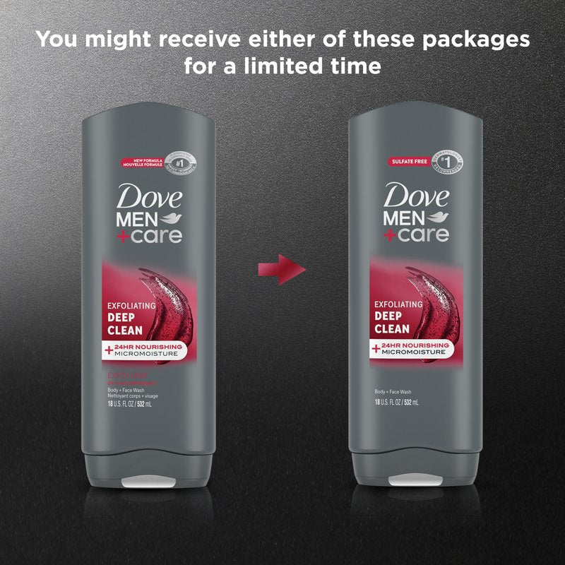 Dove Men+Care Men 4 Count Exfoliating Deep Clean Body & Face Wash For Men with 24-Hour Nourishing Micromoisture Technology 18 oz