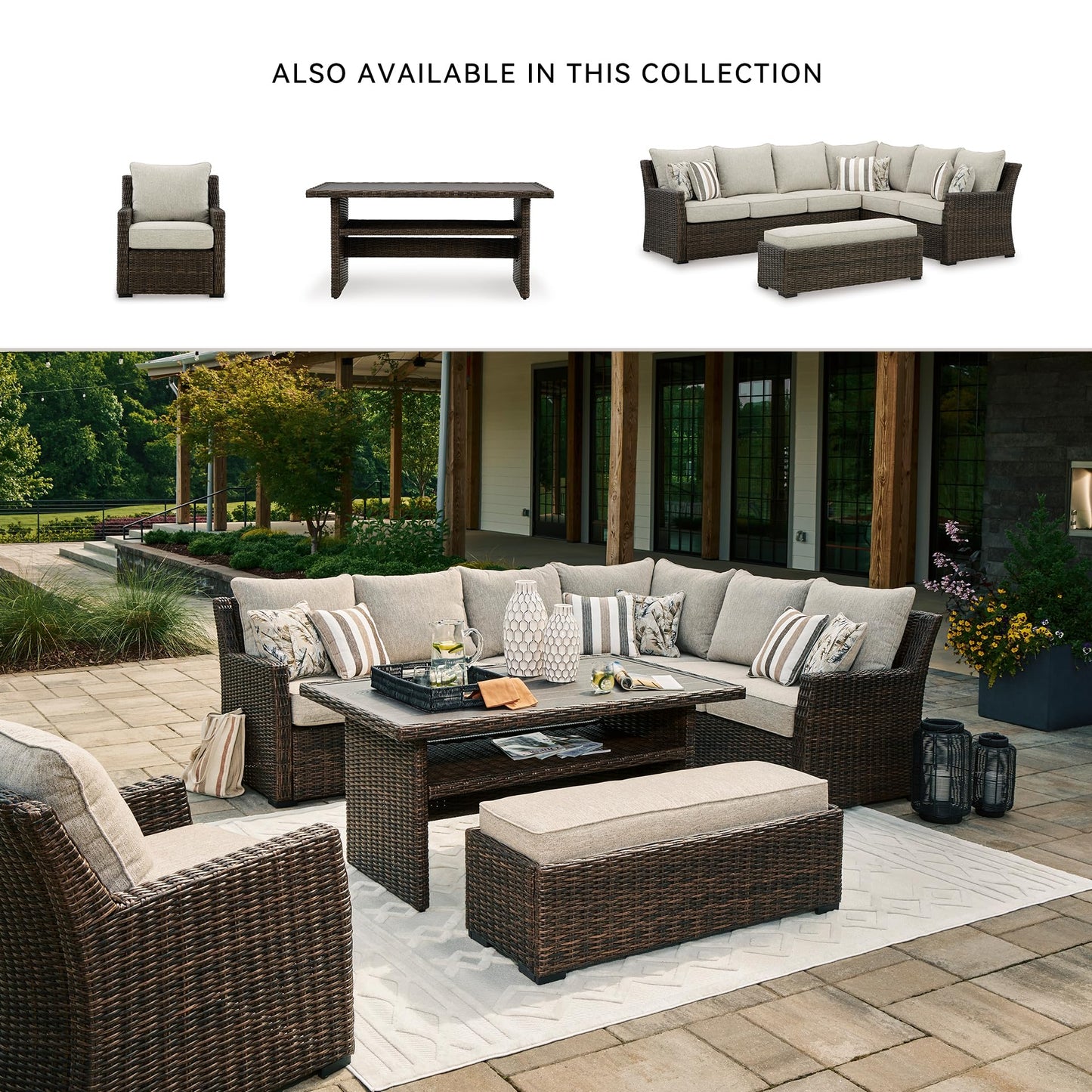 Signature Design by Ashley Brook Ranch Casual Nuvella Weather Resistant Fabric Right Hand Facing Outdoor Sofa Sectional/Bench with Cushion and 6 Throw Pillows, Set of 3, Beige & Dark Brown