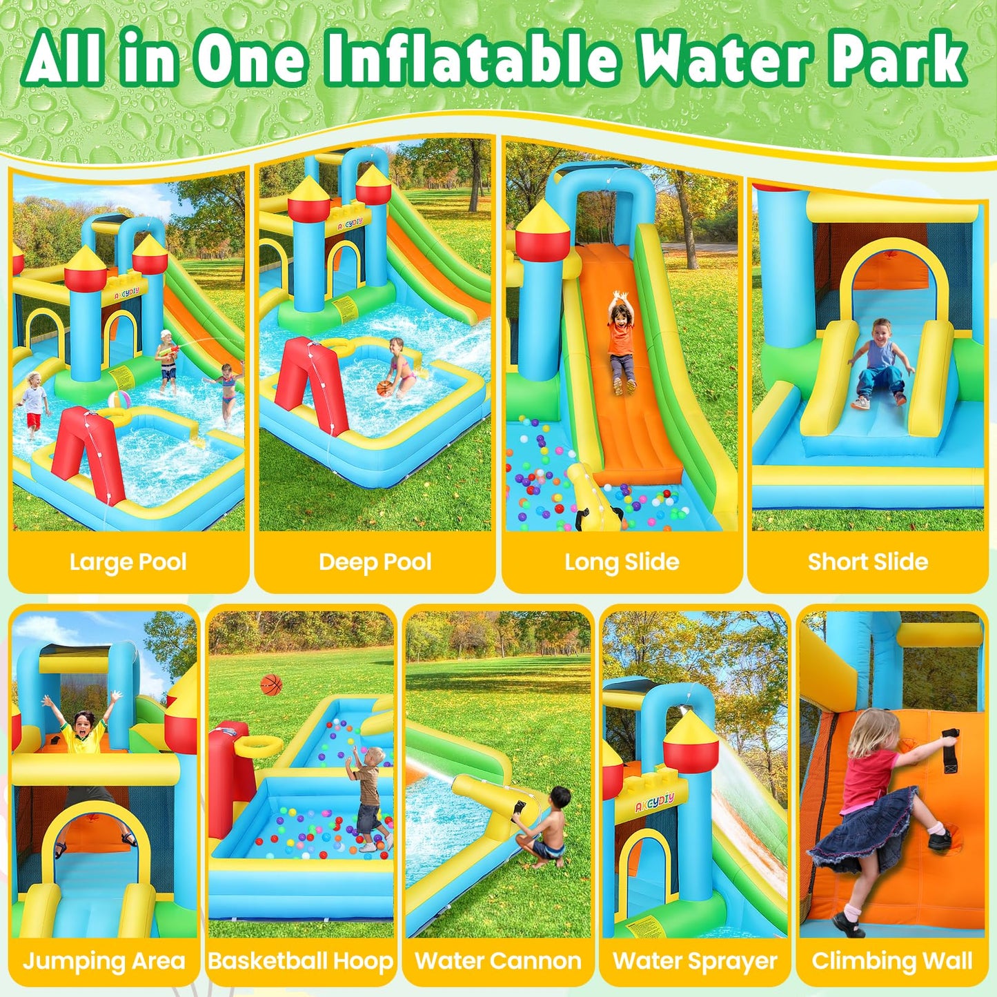 AKEYDIY Water Slide,Outdoor Inflatable Water Slide for Kids,Water Bounce House with Deep Splash Pool,Dual Slide,Big Bounce Area,Water Cannon&Basketball Hoop,Bouncy Castle with 550W Blower for Backyard