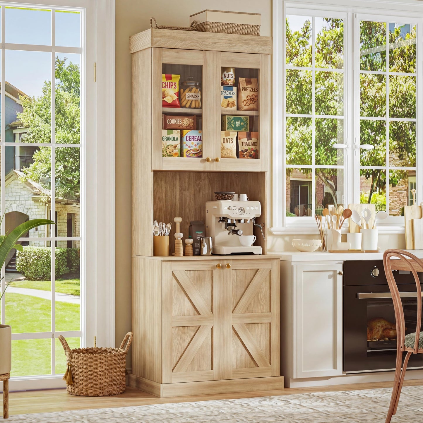 Vyre 71" Farmhouse Pantry Cabinet Set of 2, Rustic Brown Freestanding Coffee Bar Hutch with Glass Doors & Adjustable Shelves, Microwave Stand for Kitchen, Living Room