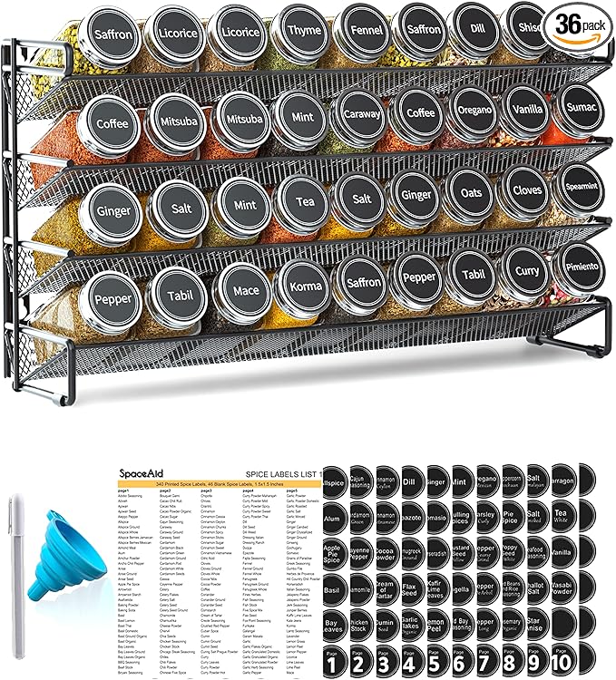 SpaceAid Spice Rack Organizer with 36 Spice Jars, 386 Spice Labels, Chalk Marker and Funnel Set for Cabinet, Countertop, Pantry, Cupboard or Door & Wall Mount - 36 Jars, 17.2" W Ã 10.8" H, Black