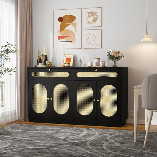 GarveeHome Buffet Sideboard, 60'' Sideboard Cabinet with 2 Drawers and 4 Rattan Doors, Rattan Sideboard with Adjustable Shelves, Black
