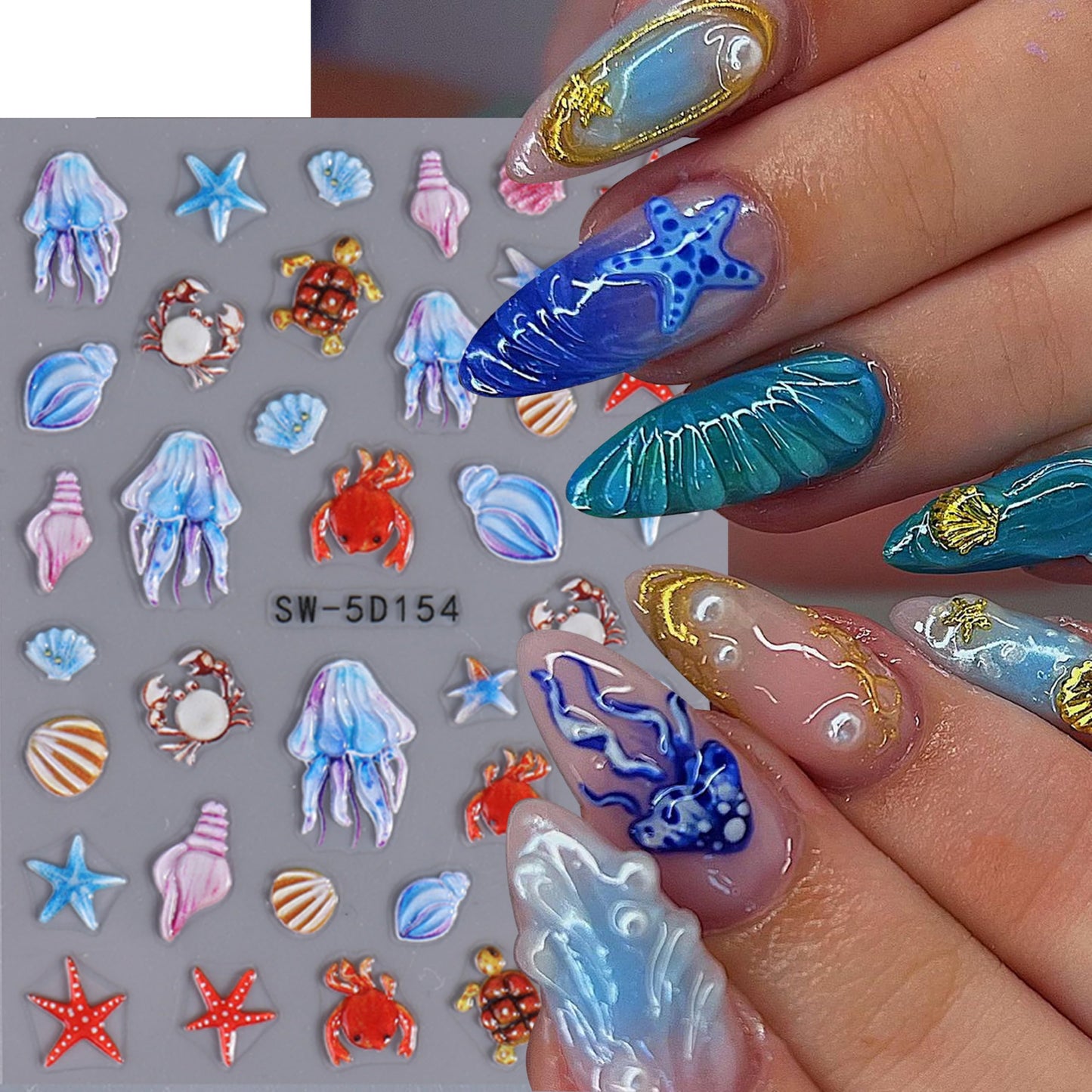 3 Pcs Summer Seashell Starfish Nail Art Stickers 5D Embossed Self-Adhesive Nail Decals Jellyfish Coconut Tree Seahorse Nail Design Summer Sea Theme Nail Supplies Marine Life Nail Decorations for Women