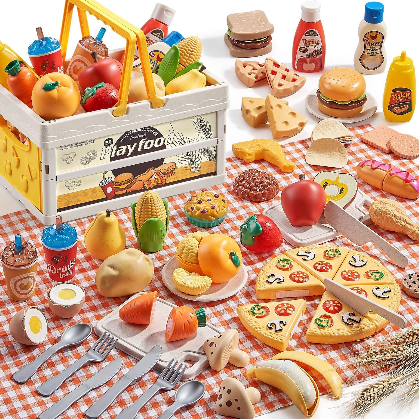 Play Food Sets for Kids Kitchen, Wheat Straw Pretend Food Toys with Kids Picnic Basket and Picnic Blanket, Cutting Toy Food, Fake Food with Pizza Toy, Play Kitchen Accessories, STEM Gift for Boy Girl